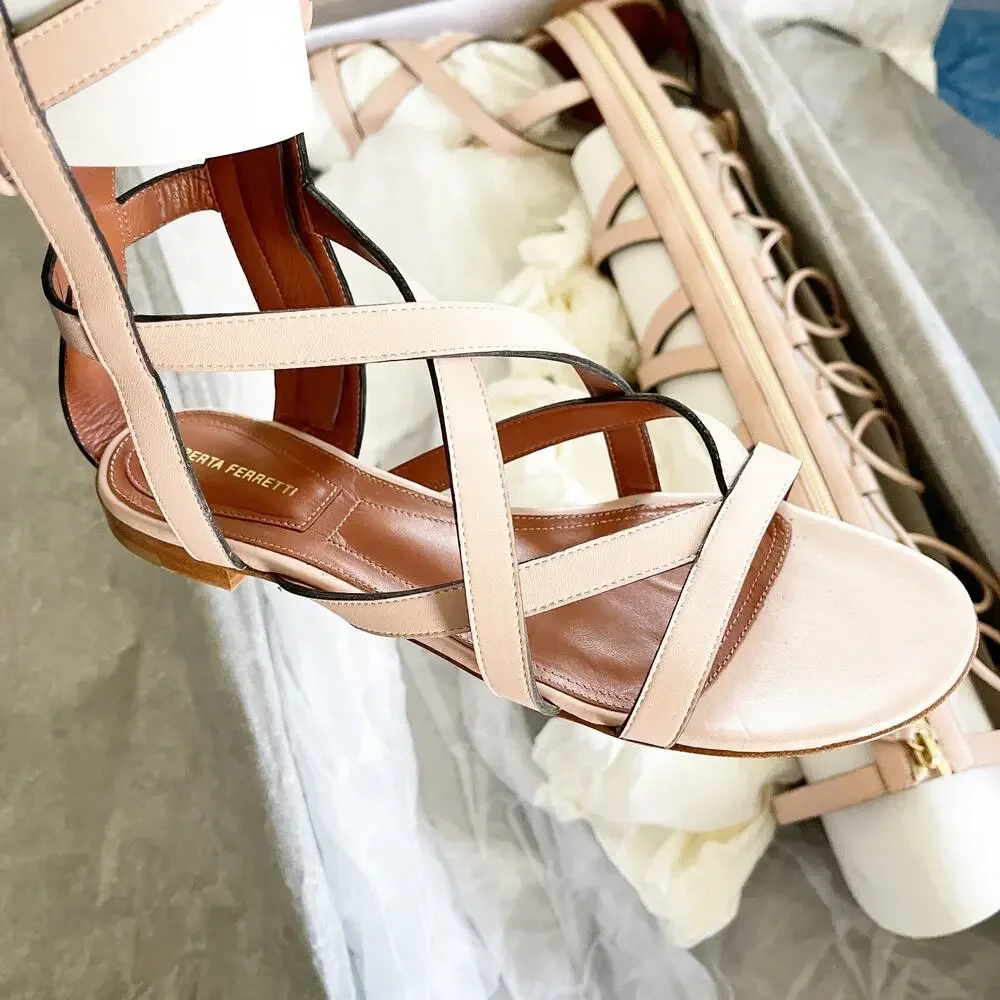 ALBERTA FERRETTI Knee High Gladiator Sandals Light Pink Rose 37